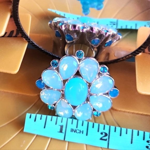 DIOR GLAM Turquoise Blues Silver MEGA Sparkly Rhinestones Gaudy Cocktail RING 2" - Picture 16 of 16